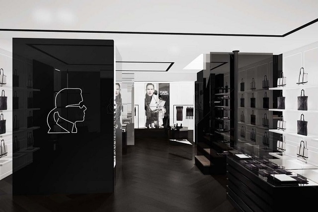 "Karl Lagerfeld eröffnet eigene Concept Stores in Berlin und München. Schlichtes Design in striktem Schwarz-Weiß, klare Designkonzept."