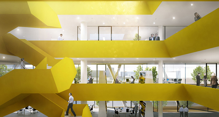 "Entworfen von der Architektengruppe LOVE, das Hauptziel bei dem Antrag auf den Sieg für das 50Hertz Headquartes in Berlin war ein innovatives, transparentes und offenes Headquarter für die Firma, die hauptsächlich von innen nach außen läuft, zu entwickeln. "