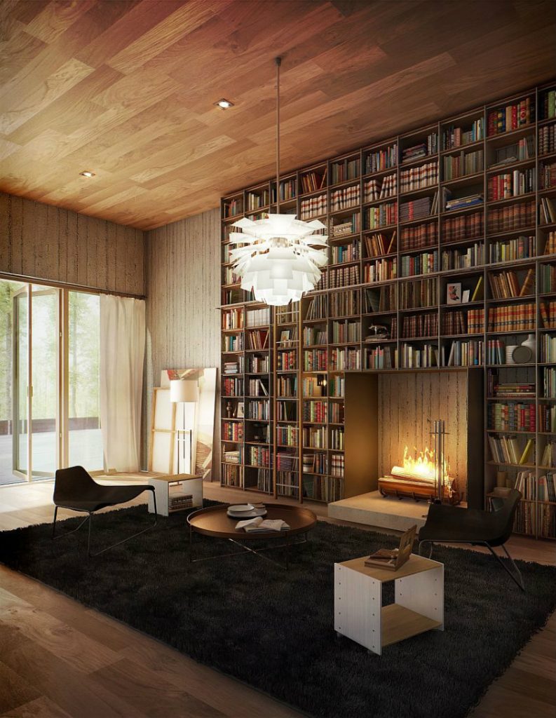 beautiful-brown-wood-glass-modern-design-luxury-home-library-ideas-wall-racks-fireplace-black-carpet-feather-chairs-round-table-at-home-with-best-hotel-in-new-york-also-luxury-house-designs